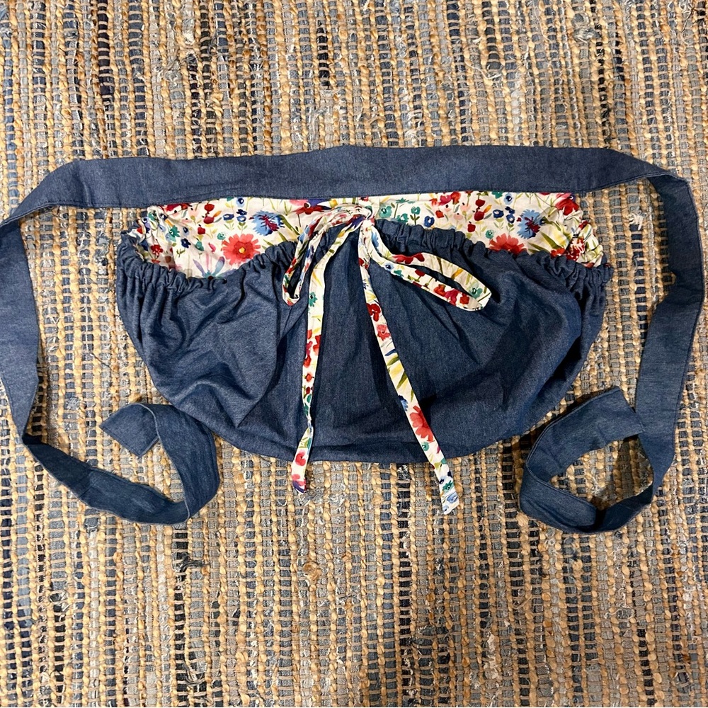 Floral Denim Gathering Foraging Reversible Apron with Ties